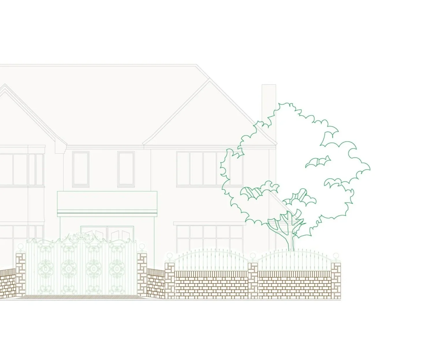 Line drawing of a two-story house with a paved brick wall, a metal gate, a large tree, and shrubs in front.