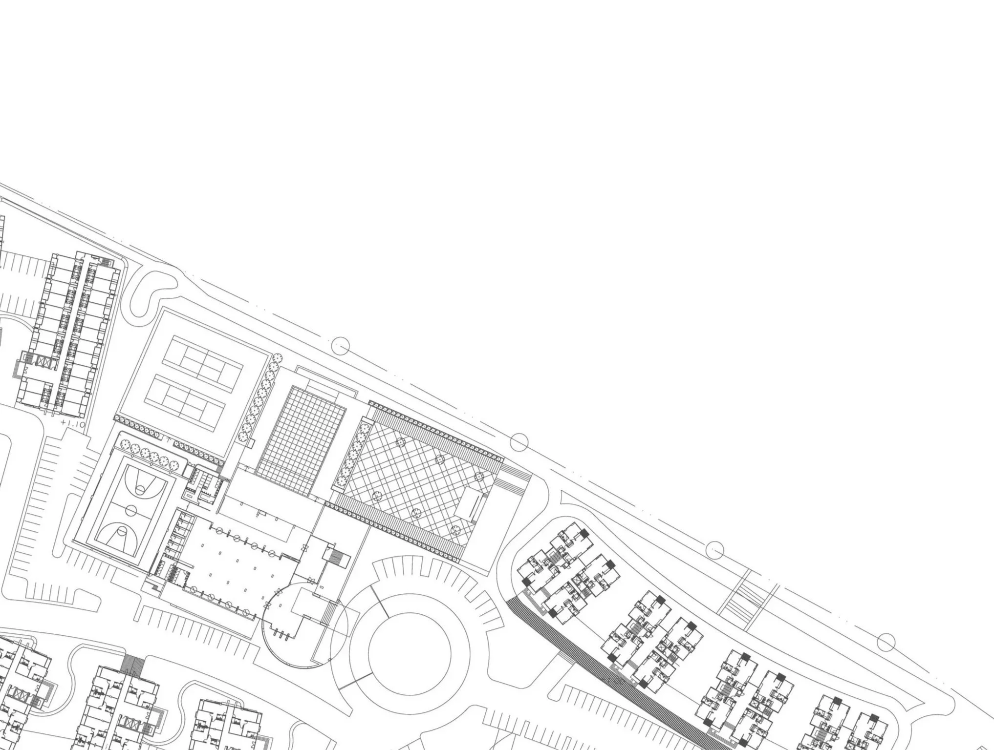Architectural site plan showing building layouts, sports courts, parking, and landscaped areas. Solid Build Architectural & Structural Engineering