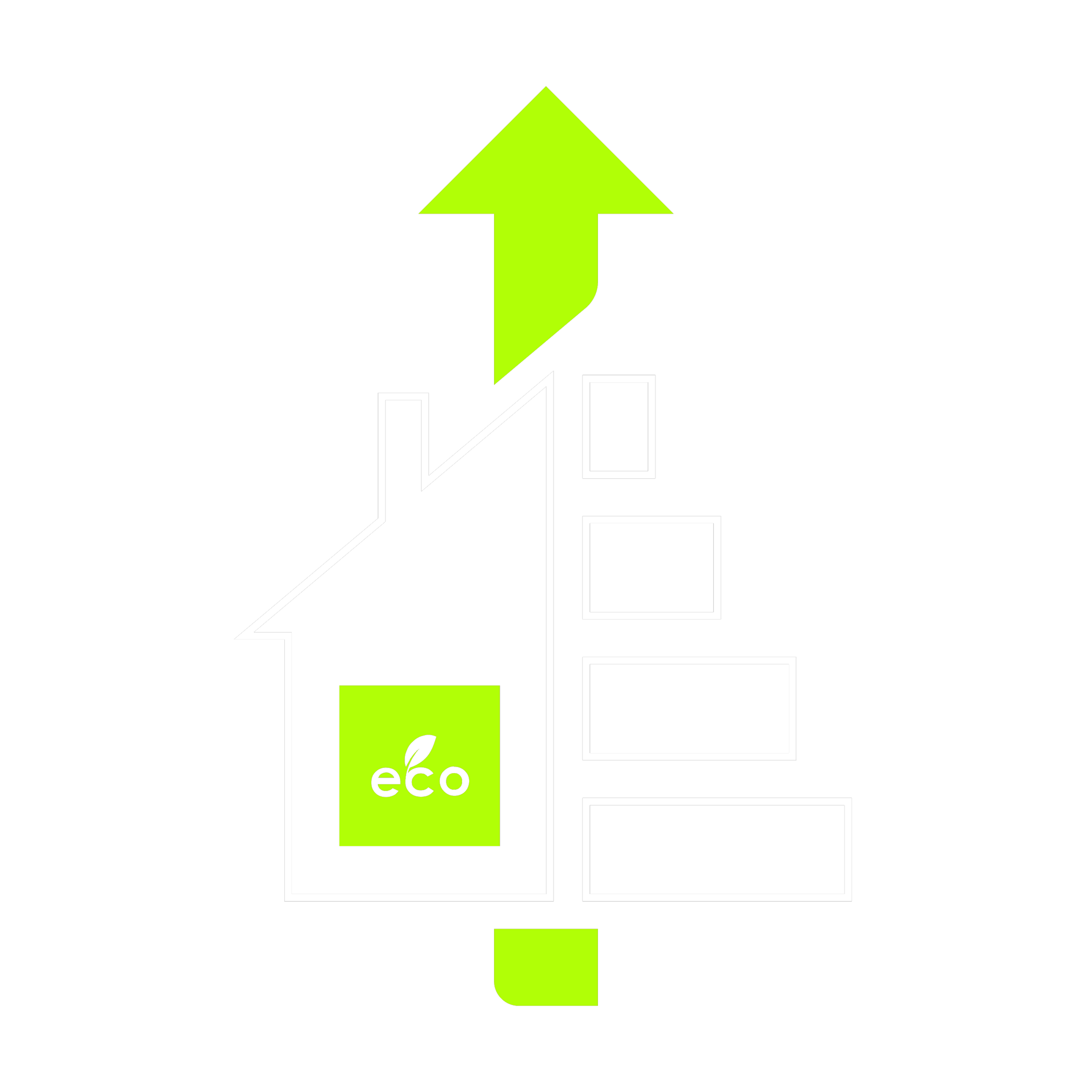 A stylized house outline with a green leaf and the word 'eco' inside, connected to a rising green in SAP assessments and giving houses a more efficient build,