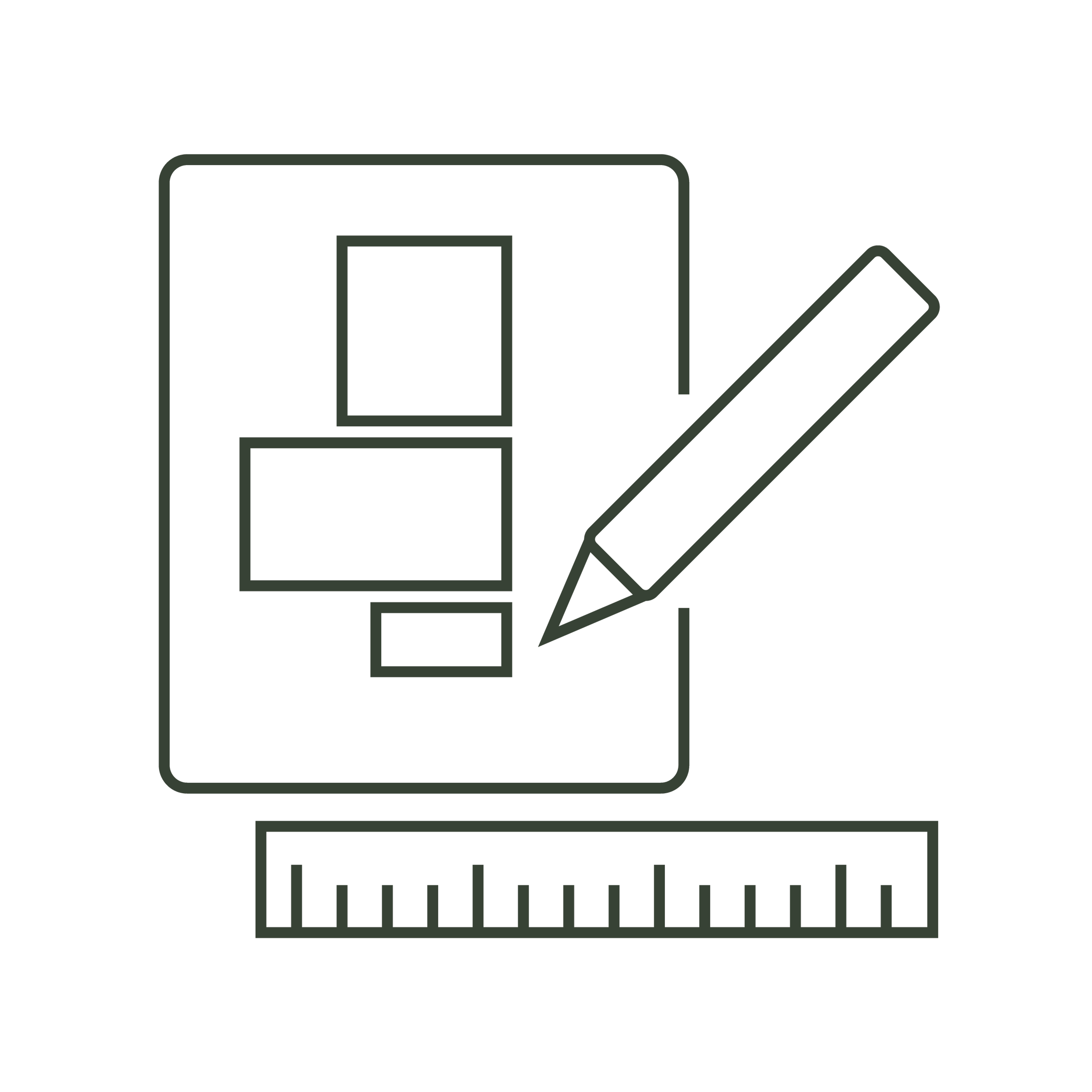Outline illustration of a mobile app with a pencil, a ruler, and a partially filled form.