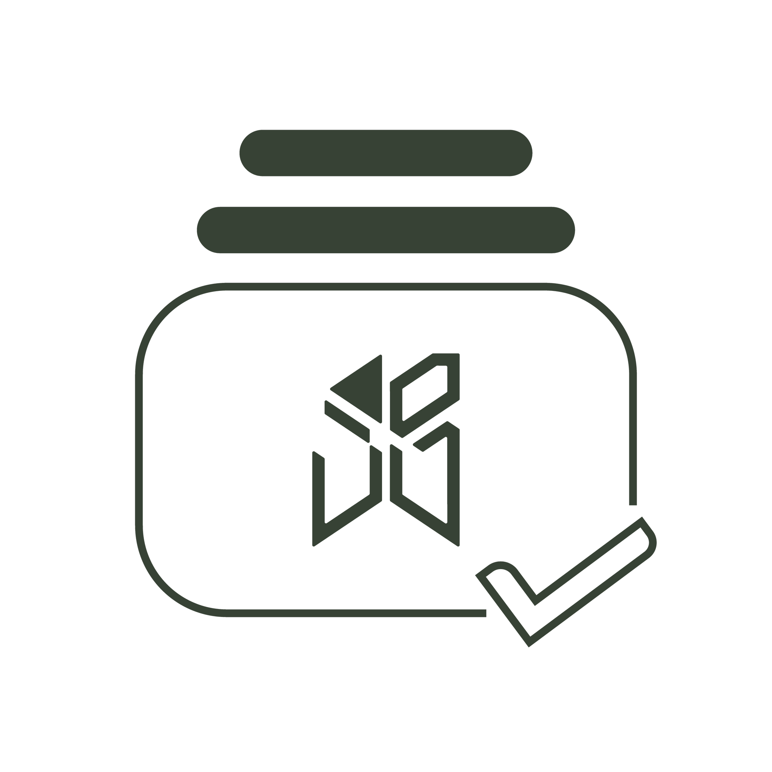 Illustration of an organisational blocks  with a checkmark, on black and white with a architectural logo placed in the middle.