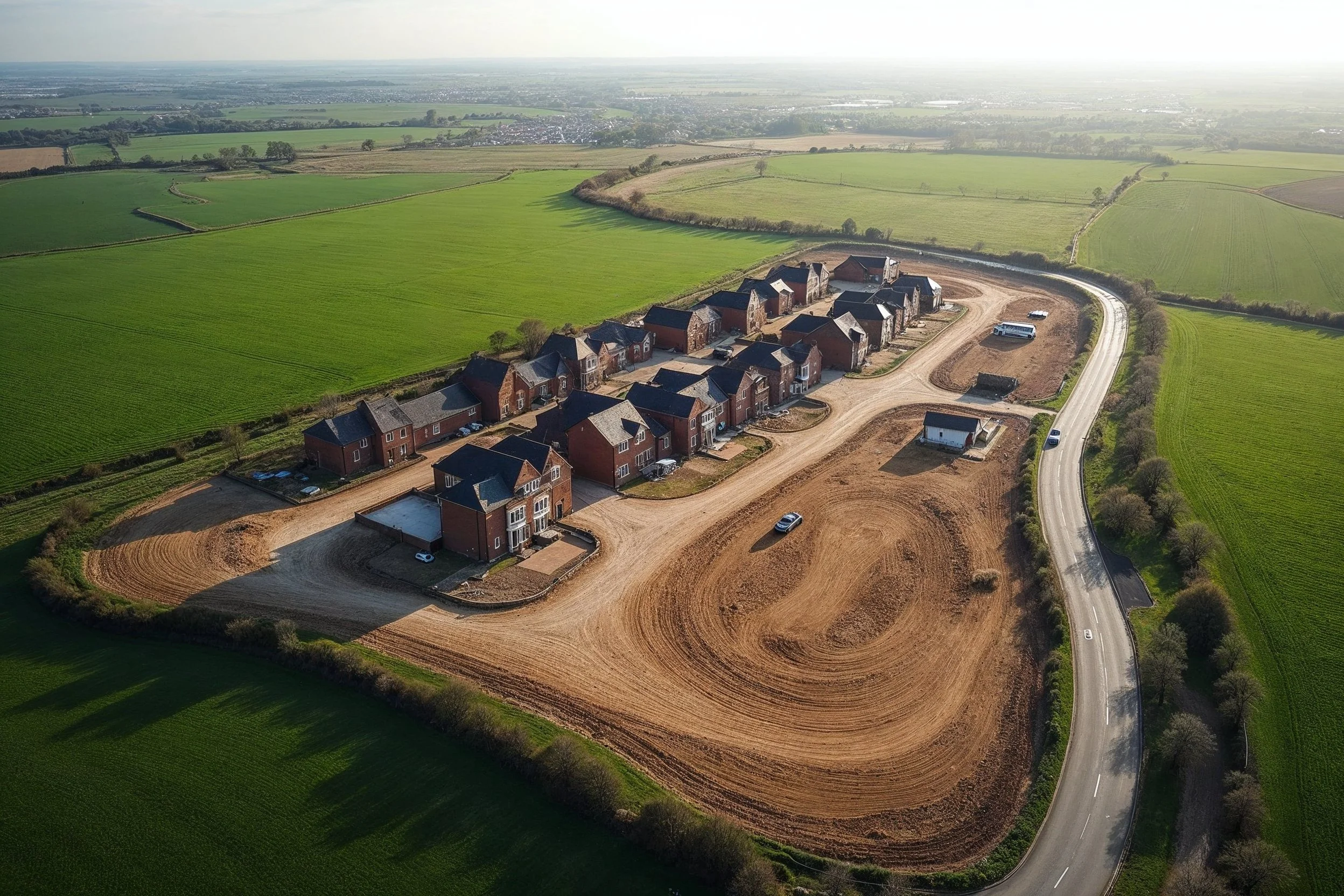 An aerial view of a new housing development under construction in a rural area, with several completed brick houses, open land, and a winding road surrounded by green fields.