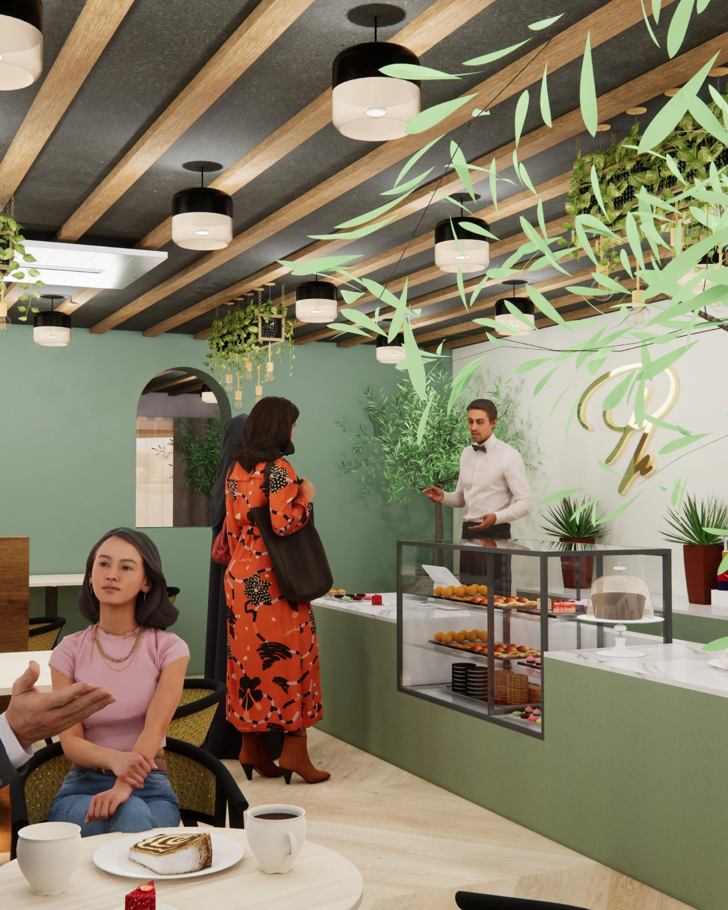 Interior of a modern cafe with a woman in a red dress ordering at the counter, another woman seated at a table with coffee and cake, and a young girl sitting nearby for Interior design.