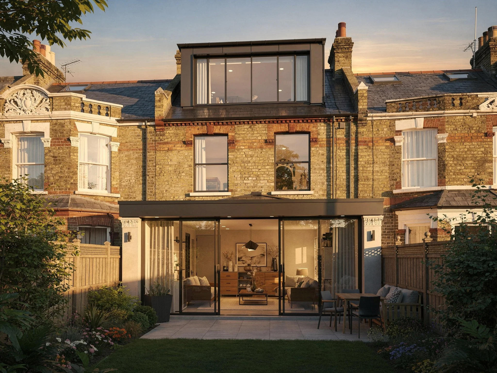 A multi-story brick building with large windows, Dormer extension designed by Solid Build, Home extensions.
