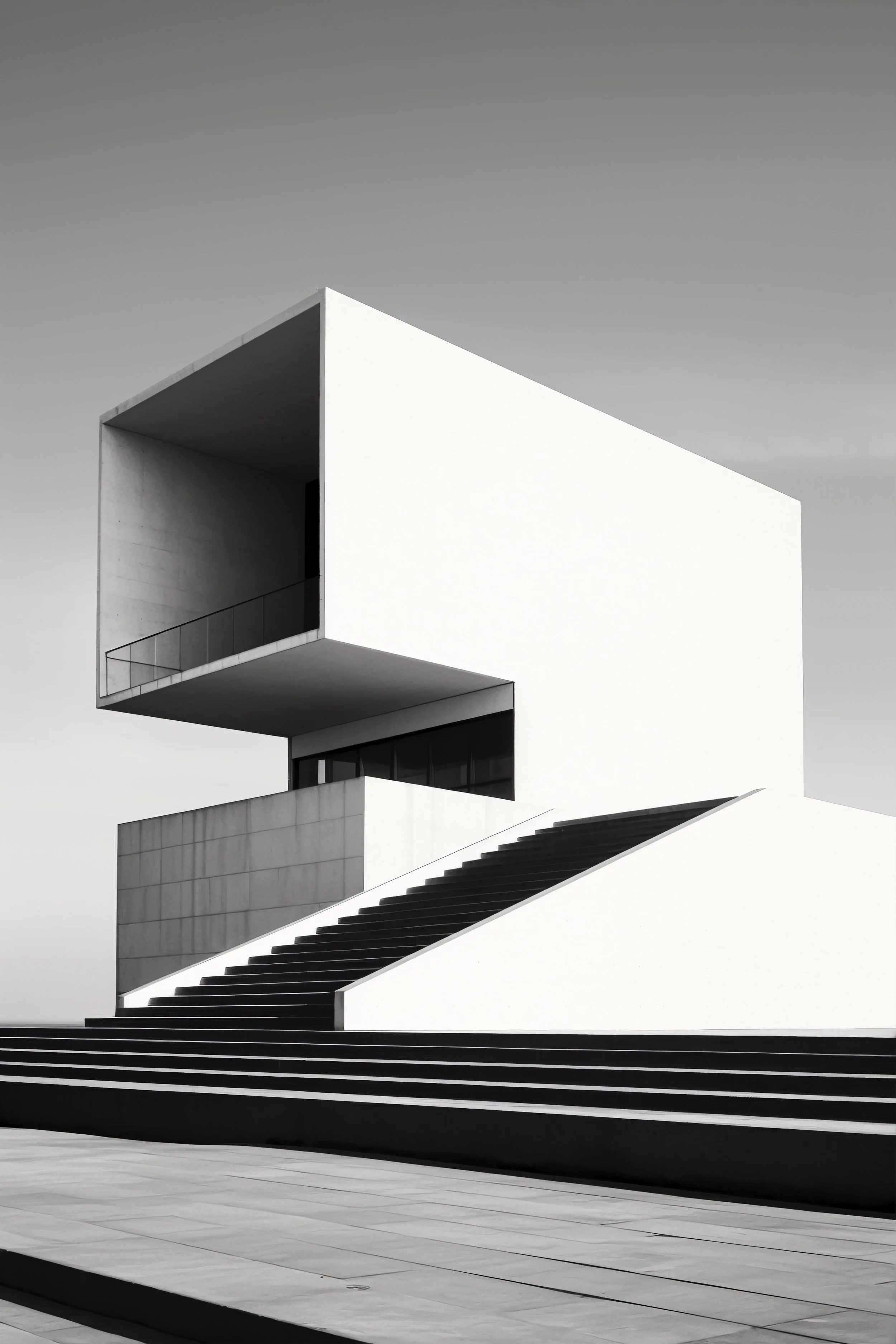 Modern minimalist building with geometric design, white and black color scheme, stairs leading up to an elevated section, and a clear sky background.