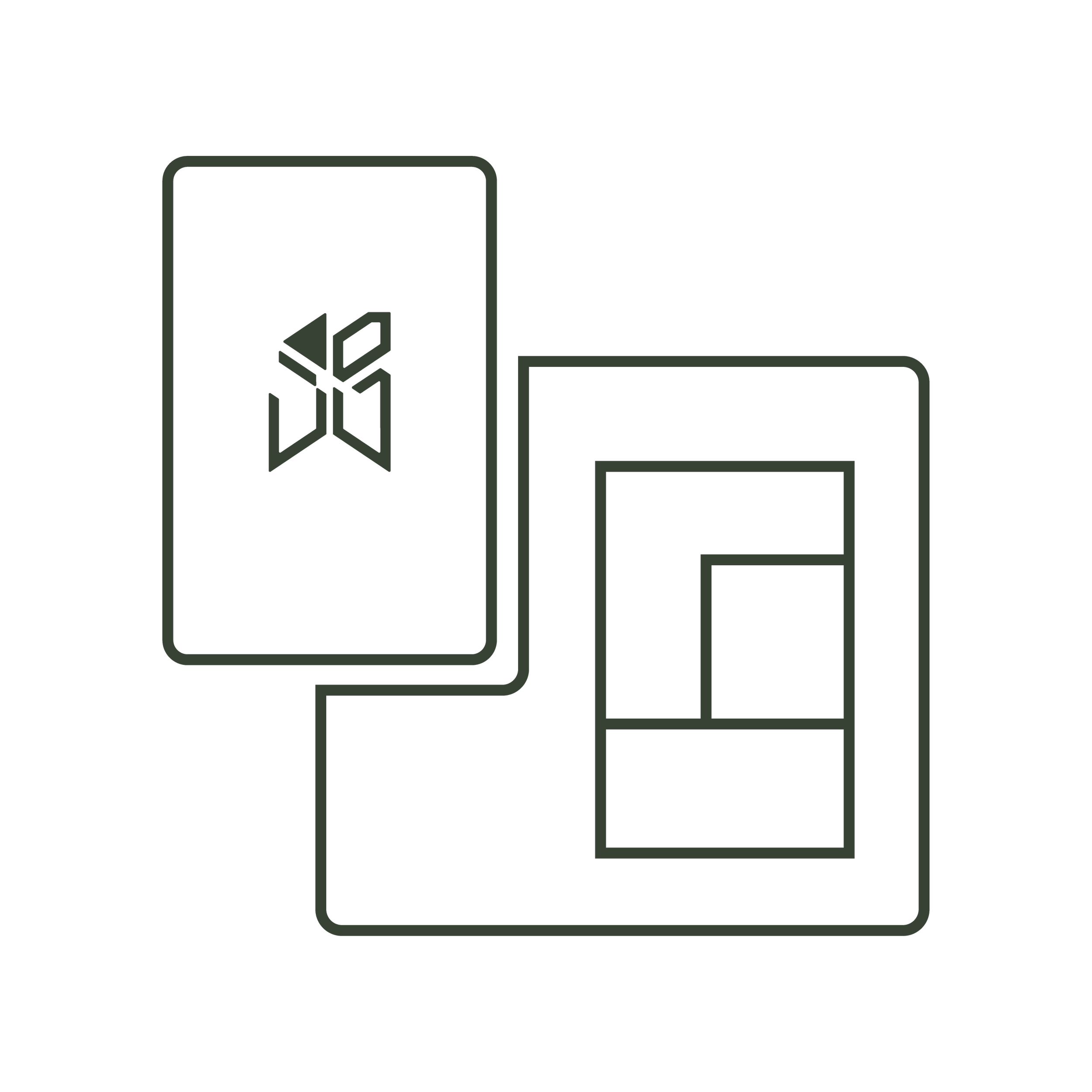 Line drawing of a smartphone with a geometric logo on the screen and two closed packaging boxes behind it.