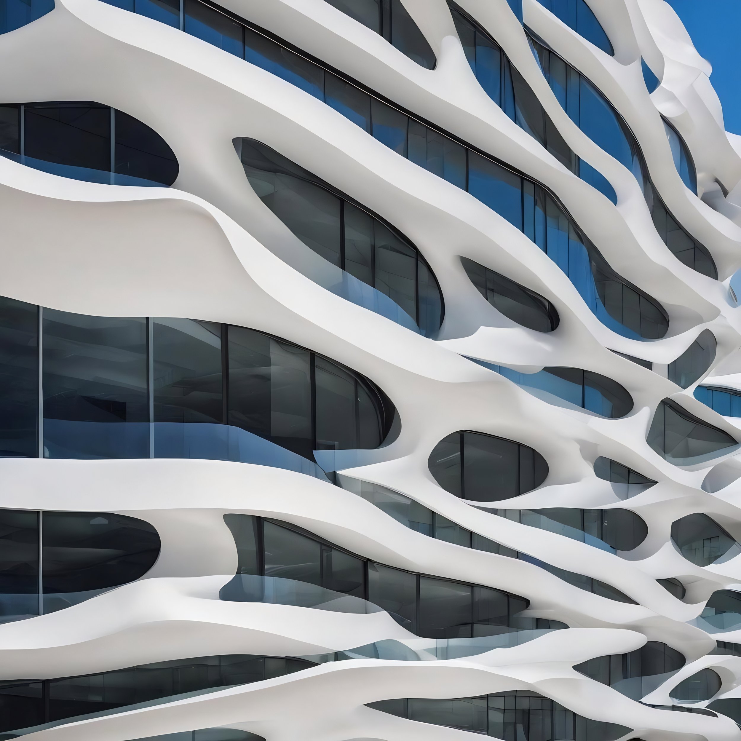 Modern building with white, flowing, organic-shaped balconies and large glass windows. The design is futuristic and artistic by Birmingham Architects Solid Build Architectural & Structural Engineering