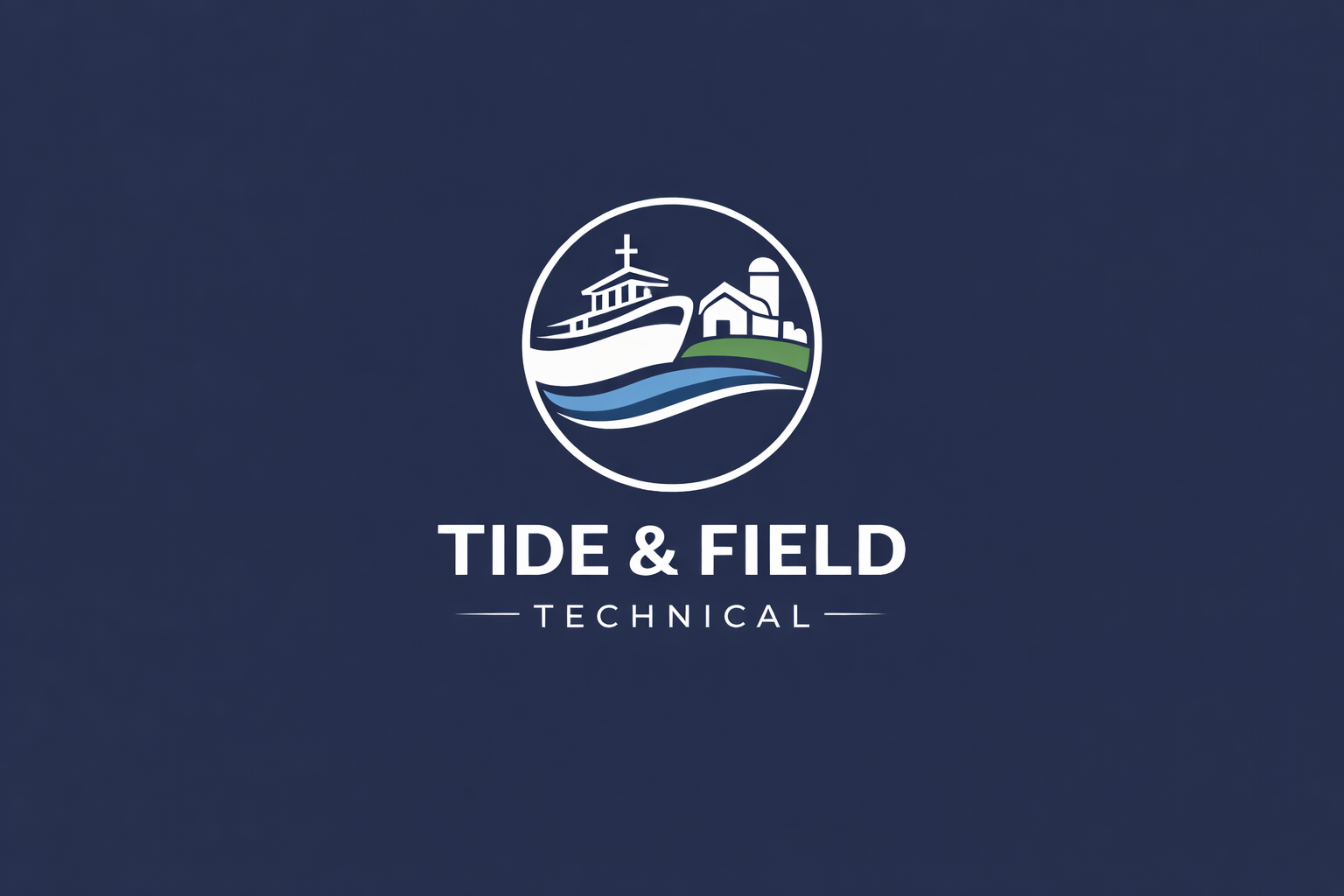 Logo for Tide & Field Technical featuring a boat, a house with a lighthouse, and water waves on a dark blue background.