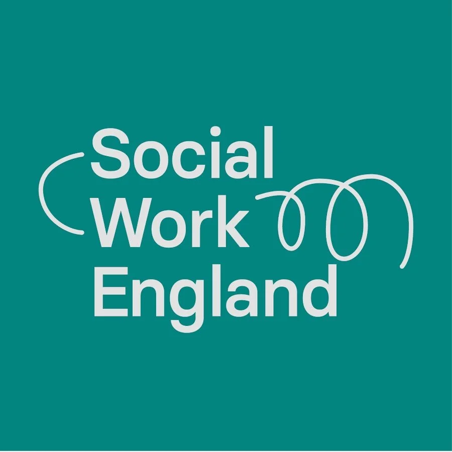 Logo for Social Work England with teal background and white text.