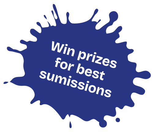 Blue splatter graphic with white text that reads, 'Win prizes for best submissions.'