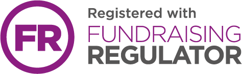 Logo with purple circle containing 'FR' and text 'Registered with Fundraising Regulator'.
