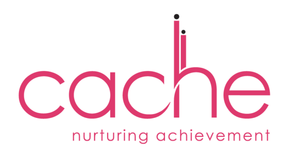 Logo of Cache with pink text and the tagline 'nurturing achievement'