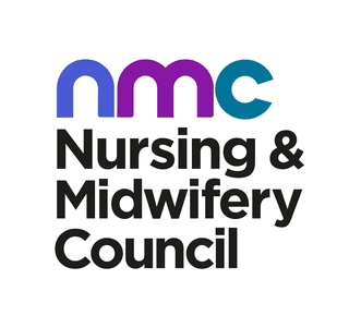 The logo of the Nursing & Midwifery Council, featuring the initials 'nmc' in blue, purple, and teal above the full organization name in black text.