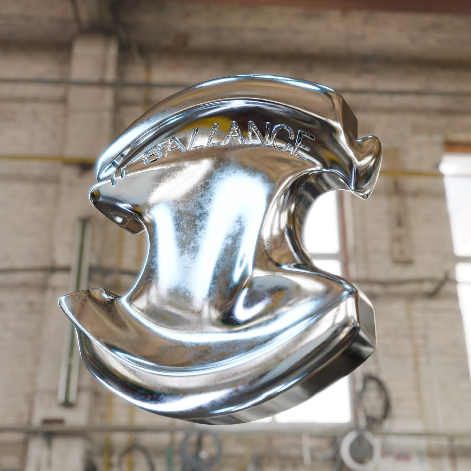 Close-up of a shiny metallic object with the word 'ALLIANCE' engraved on it, hanging in an industrial setting.