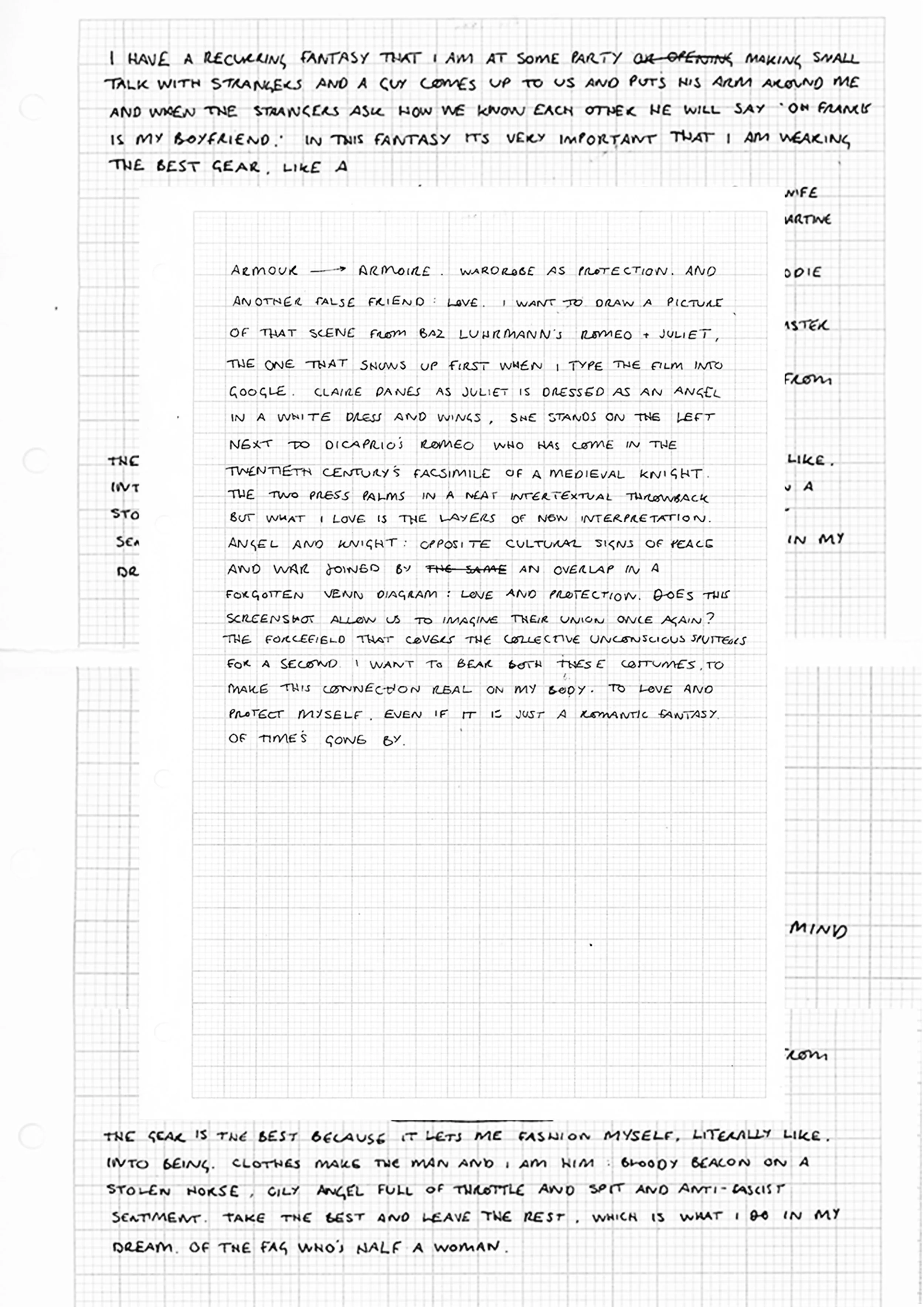Handwritten fantasy story on graph paper, discussing armor, love, protection, and imagination, with annotations and notes.