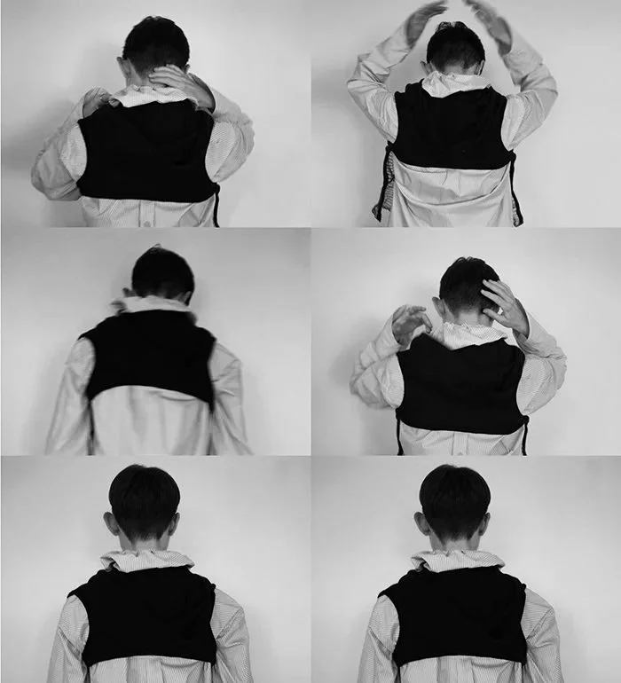 Six-panel collage of a young boy with headphones, in various poses while standing against a plain wall, viewed from behind.