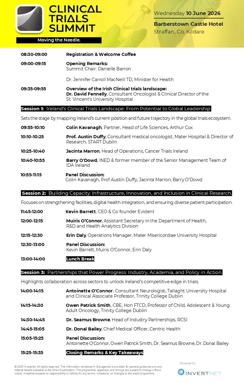 Agenda for the Clinical Trials Summit held on June 10, 2026, at Barberstown Castle Hotel in Straffan, Co. Kildare, including schedule, speakers, and panel discussions.