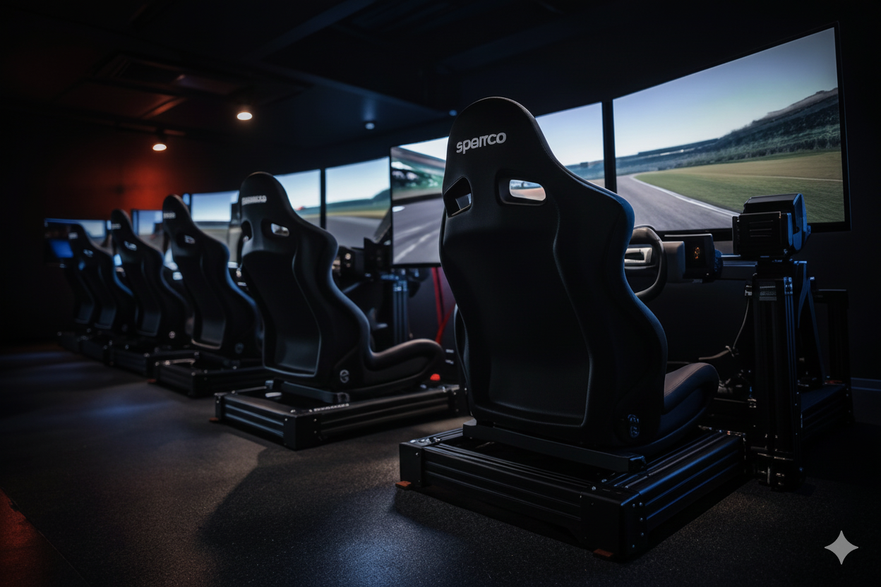 Indoor racing simulator with five black racing seats labeled Sparco, each positioned in front of a large screen displaying a race track scene.