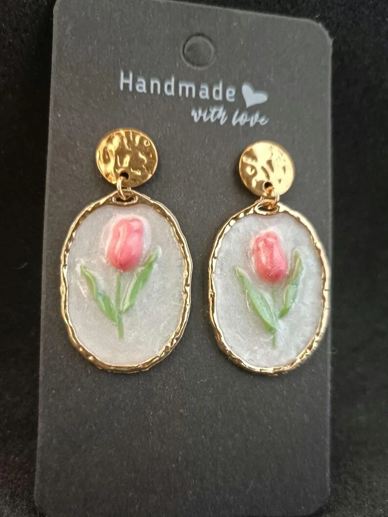 Handmade Pink Tulip Dangle Earrings, Stainless Steel Studs