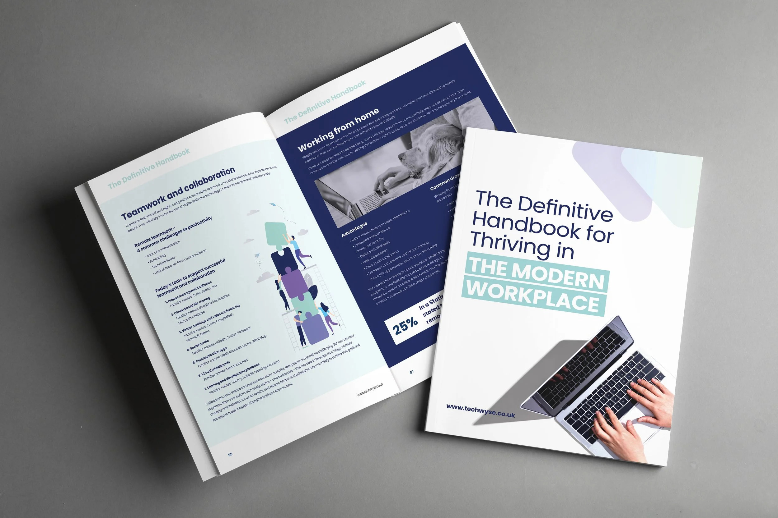 A brochure titled 'The Definitive Handbook for Thriving in the Modern Workplace' with a cover image of a person using a laptop and adding hands on a keyboard, placed on a gray surface. Inside pages display text and graphics about teamwork, collaboration, and working from home.