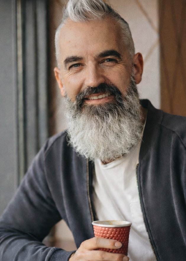 A smiling middle-aged man with gray hair and a full beard, wearing a black jacket and white t-shirt, sitting indoors and holding a red cup.
