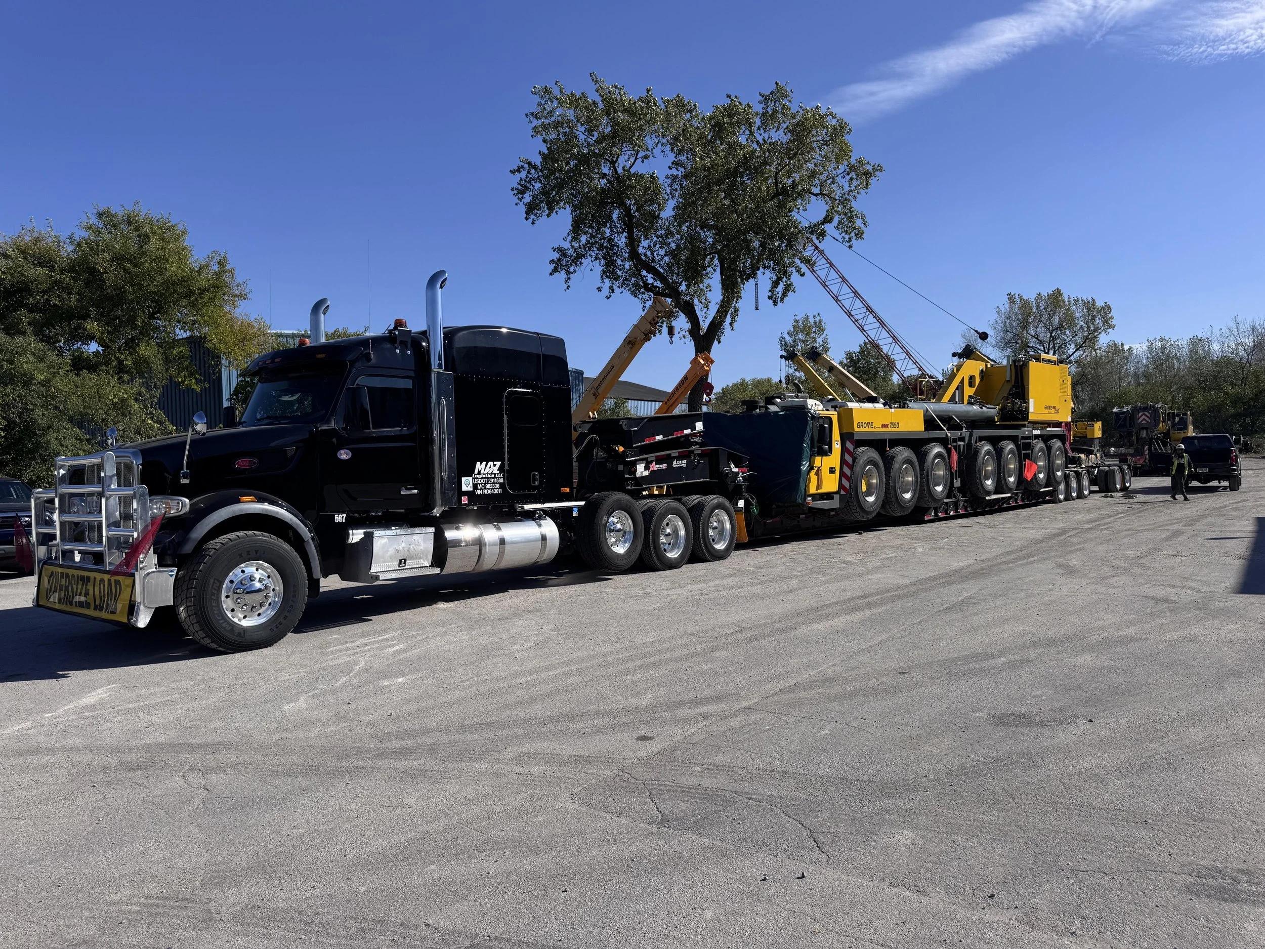 A large black semi-truck with a yellow crane attachment on a flatbed trailer, lifting a tree with its branches, with construction cranes and trees in the background on a sunny day.