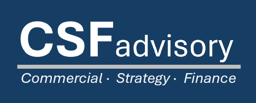 CSF Advisory logo with the words Commercial, Strategy, and Finance listed below.