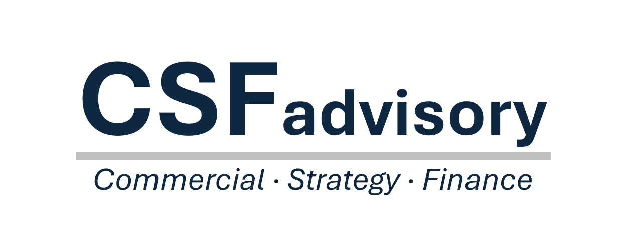 Text reading 'CSF advisory' with the words 'Commercial, Strategy, Finance' underneath, separated by dots.