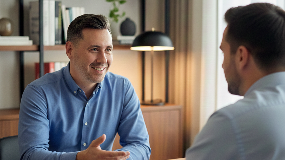 Two men having a conversation in an office, one smiling and gesturing with his hand, back to the camera for the other.