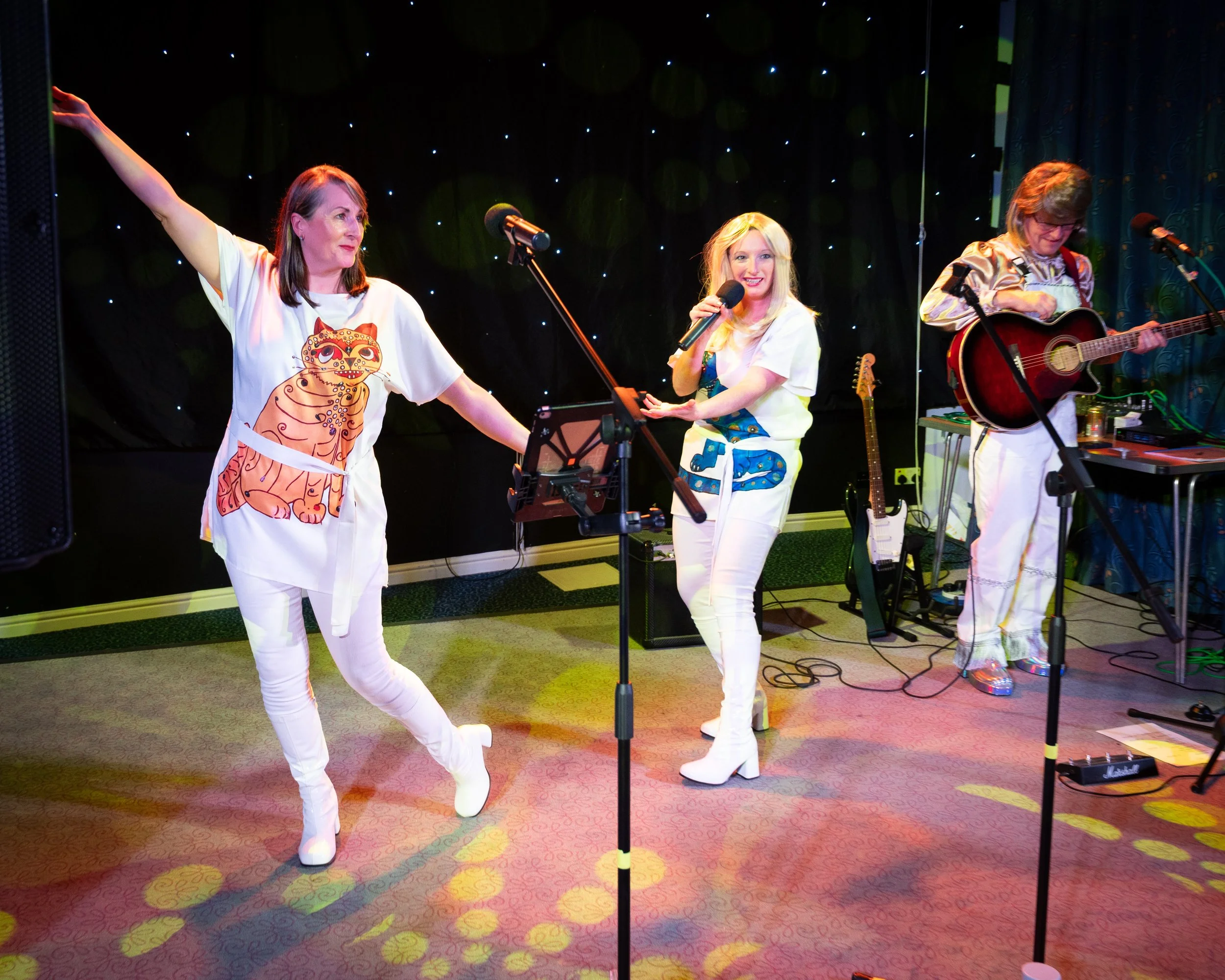 Take A Chance On three doing band introductions whilst performing its ABBA Tribute songs live in Milton Keynes in November 2025, as part of their ABBA tribute band.