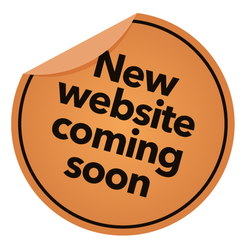Orange circular sticker that says 'New website coming soon' in bold black text with a peeled corner effect.