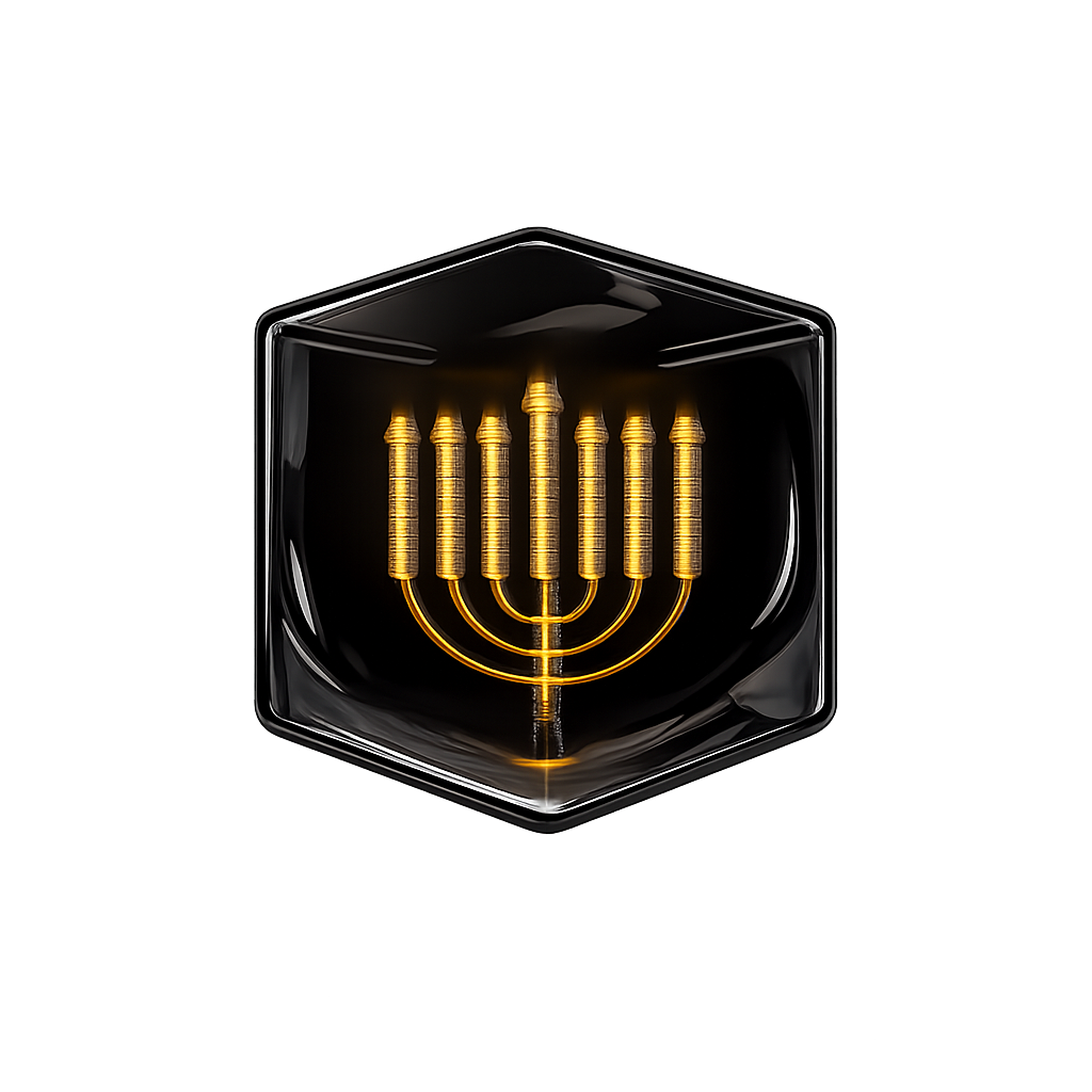 A black hexagonal container with a glowing golden menorah inside.