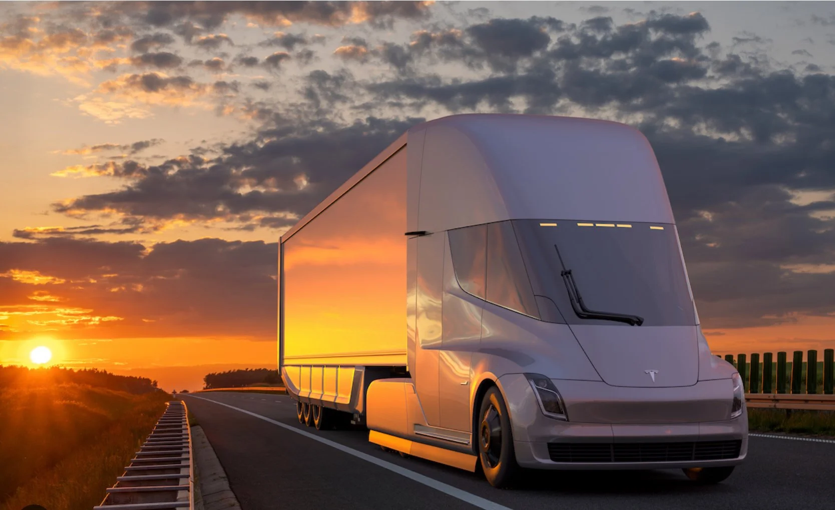 A futuristic Tesla semi-truck on a highway during sunset, with a partly cloudy sky and the sun near the horizon.