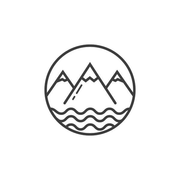 Line drawing of a mountain range with three peaks and a body of water with waves, enclosed in a circle.