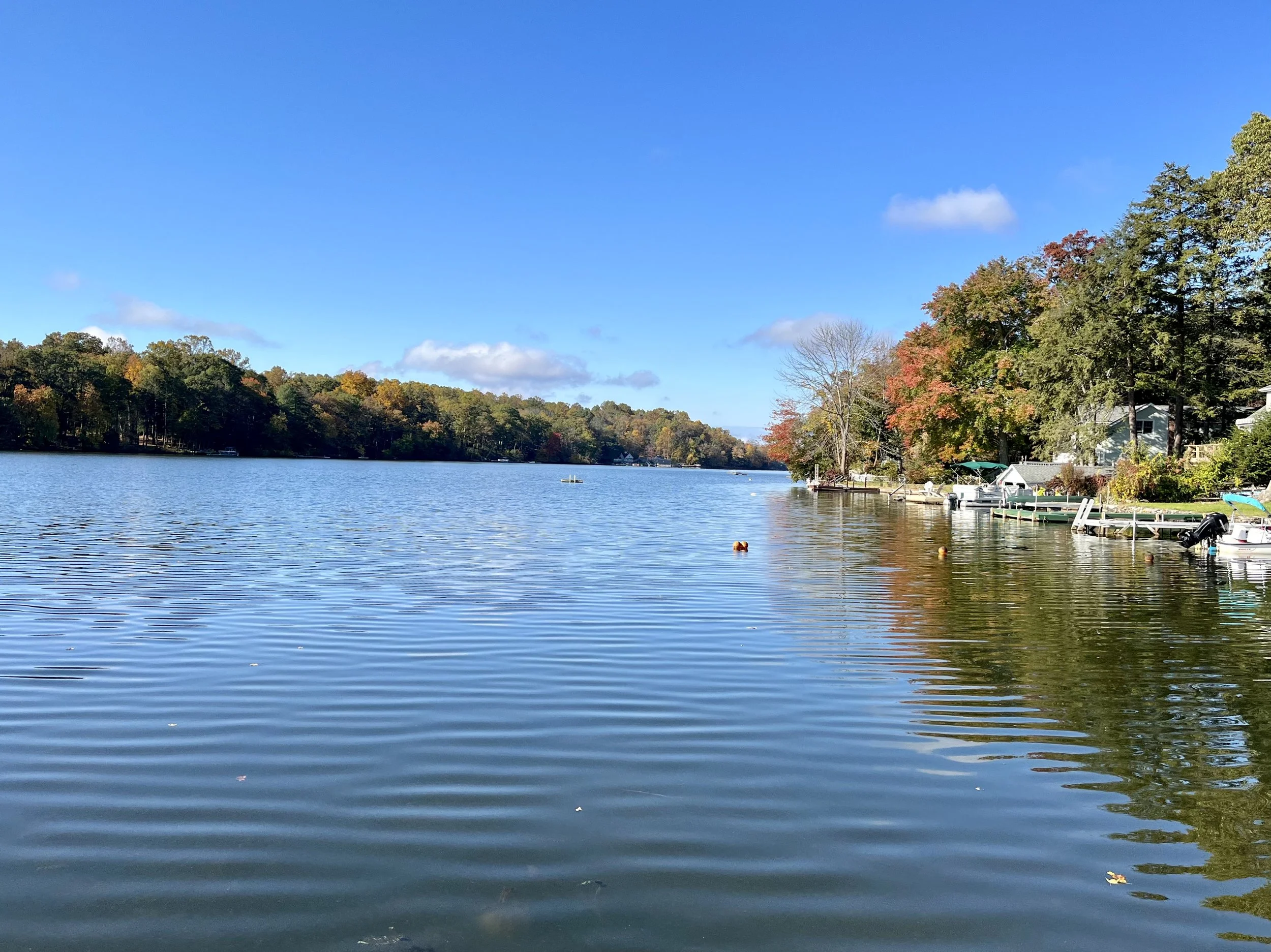 A peaceful lake scene with calm water, surrounded by trees with autumn foliage on both sides. The sky is blue with a few scattered clouds, and there are boats docked along the right lakeshore.