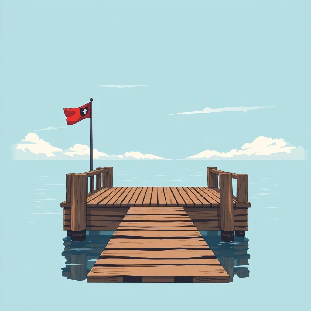 A wooden dock extends into a calm body of water under a blue sky with clouds. A red flag with a white Swiss cross is attached to a pole at the end of the dock.