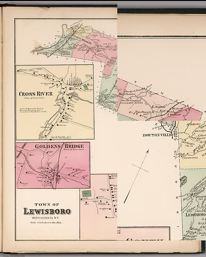 Historical map of Lewisboro, Westchester County, New York, showing Cross River, Goldens Bridge, and surrounding areas with roads, railways, and landmarks.