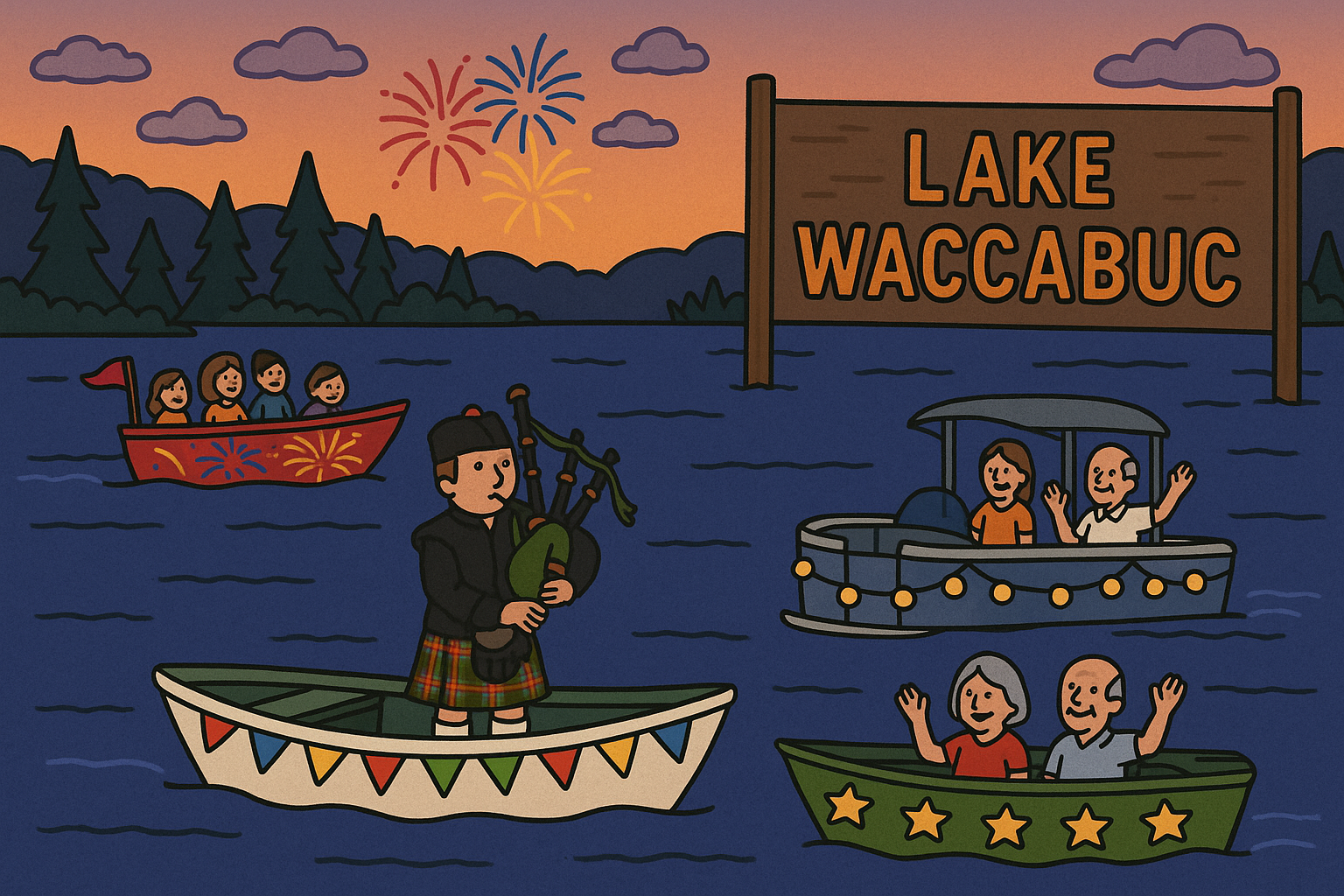 Illustration of people enjoying fireworks over Lake Waccabu, with boats and a sign reading 'Lake Waccabu' in the background, during sunset.
