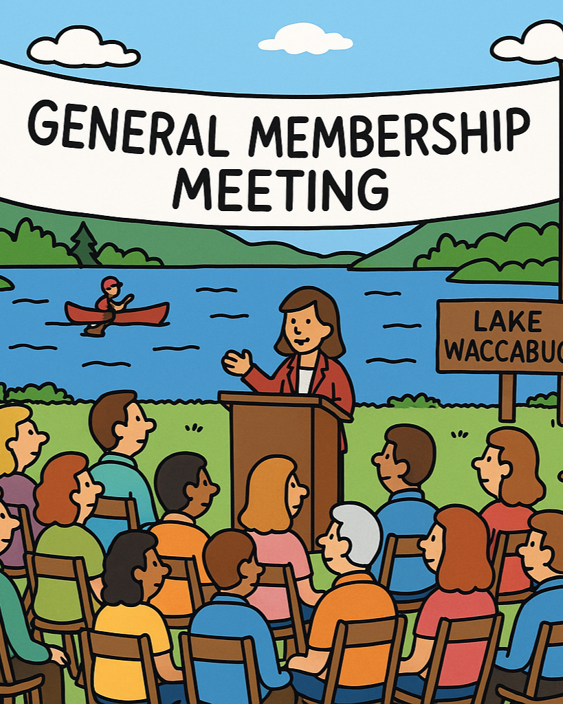Illustration of a general membership meeting at Lake Waccabuc, with a woman speaking at a podium and multiple people seated outdoors by a lake, with trees and mountains in the background.
