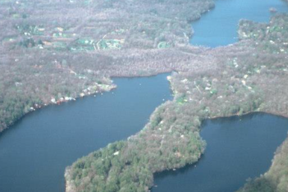 Aerial view of a large body of water with multiple inlets, surrounded by a forested landscape and a few scattered houses.