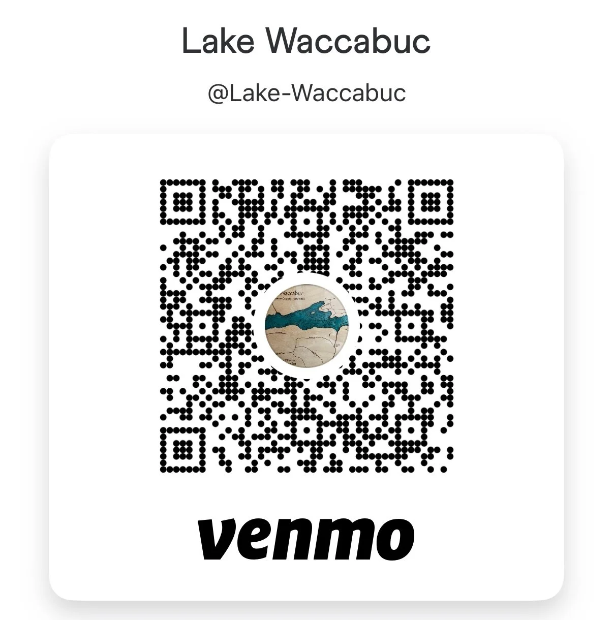 A QR code for Lake Waccabuc with a small circular profile picture in the center showing a map with a lake illustration. The text "Lake Waccabuc" and "@Lake-Waccabuc" are above the QR code, and