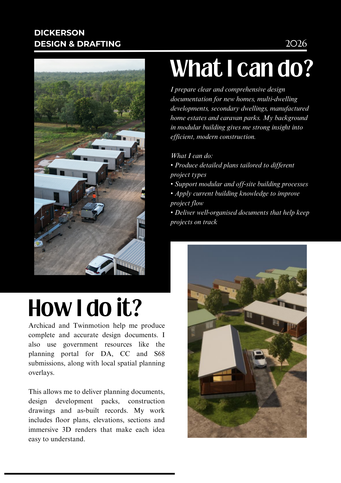 Design and drafting flyer with images of modular homes and architectural renderings, outlining services offered and methods used.