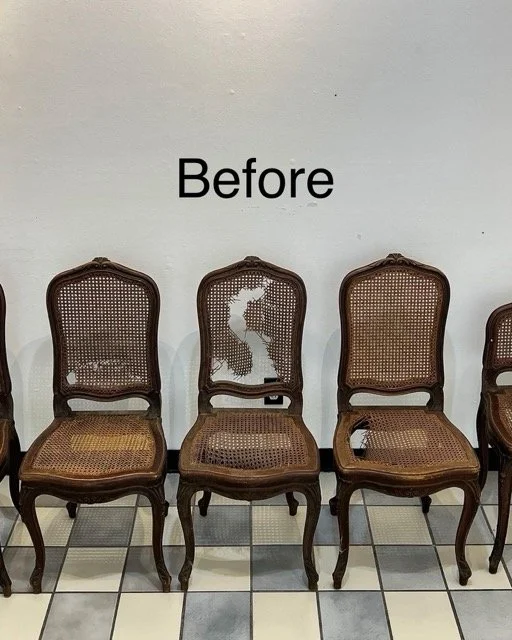Before photo of Hitchcock chairs with damaged rush seats awaiting restoration in Asheville furniture repair studio.