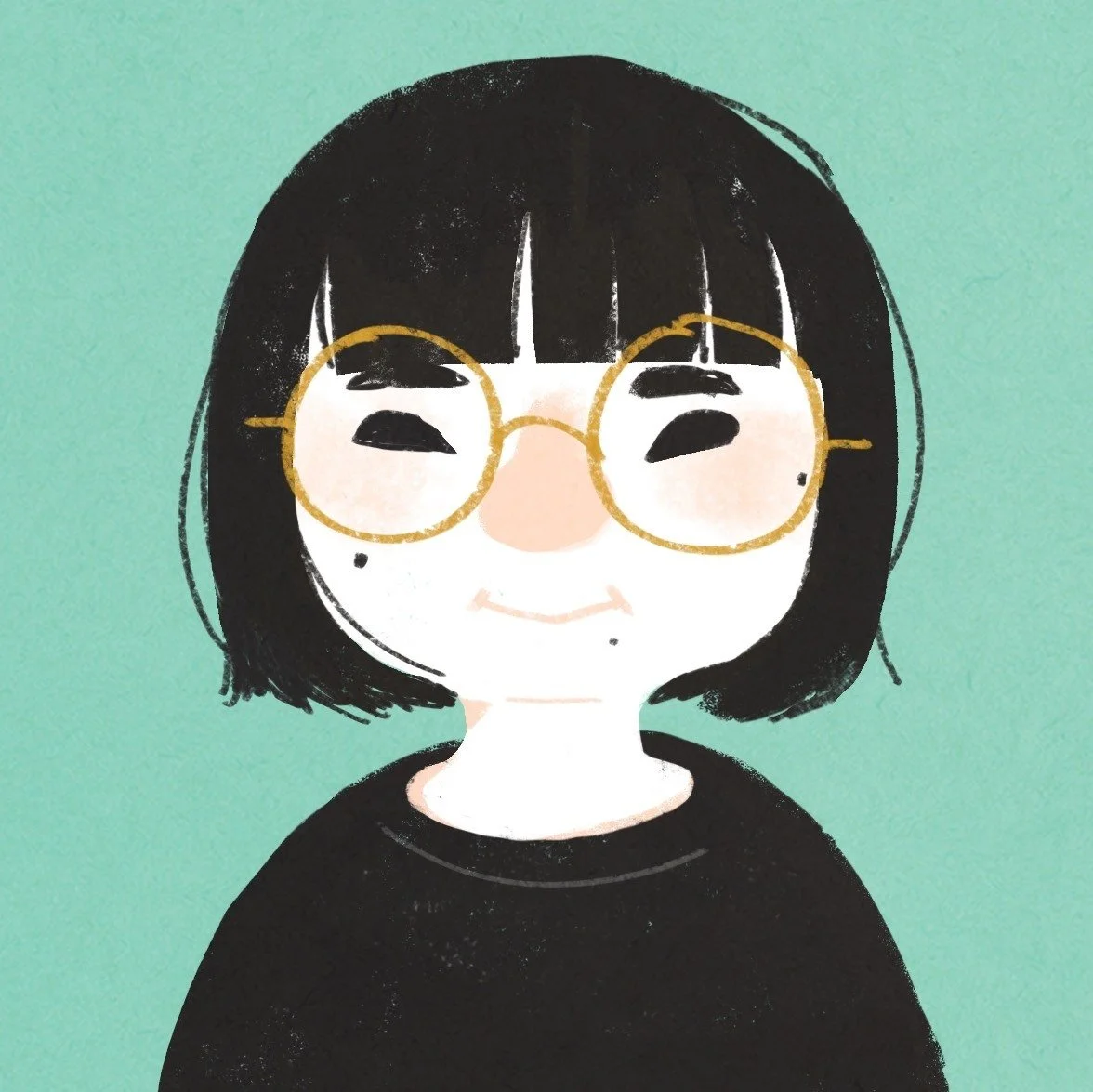 Digital illustration of a smiling person with black hair, wearing round glasses, set against a mint green background.