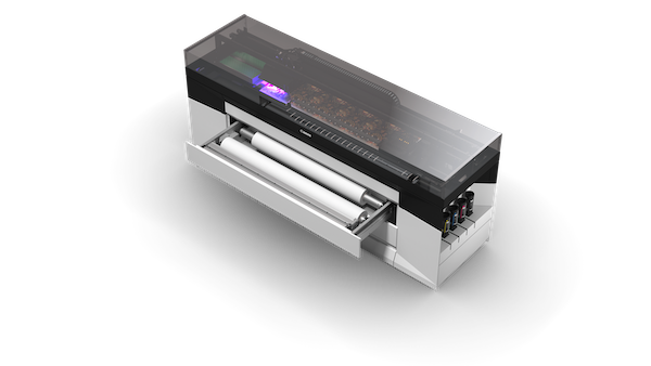 Digital flatbed printer with transparent cover, control panel, and printing mechanism.