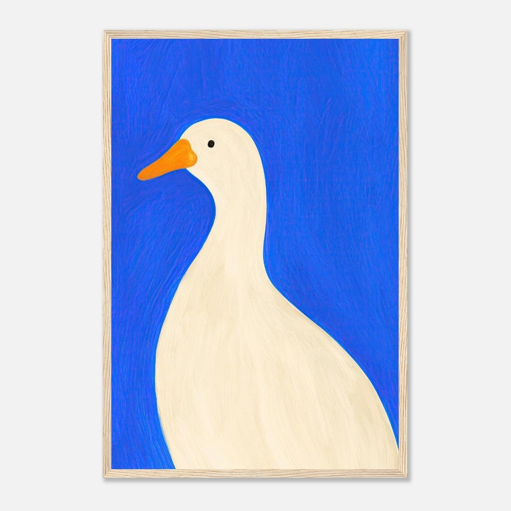 Painting of a white goose with an orange beak and black eye on a blue background