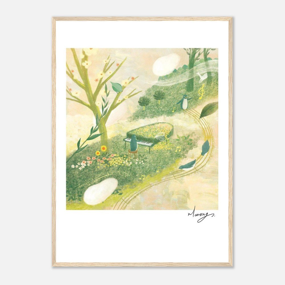 A pastel-colored illustration of a nature scene with a tree, flowers, and birds. A penguin is playing a piano, surrounded by musical notes and curving lines. The scene is framed with a light-colored wooden border.