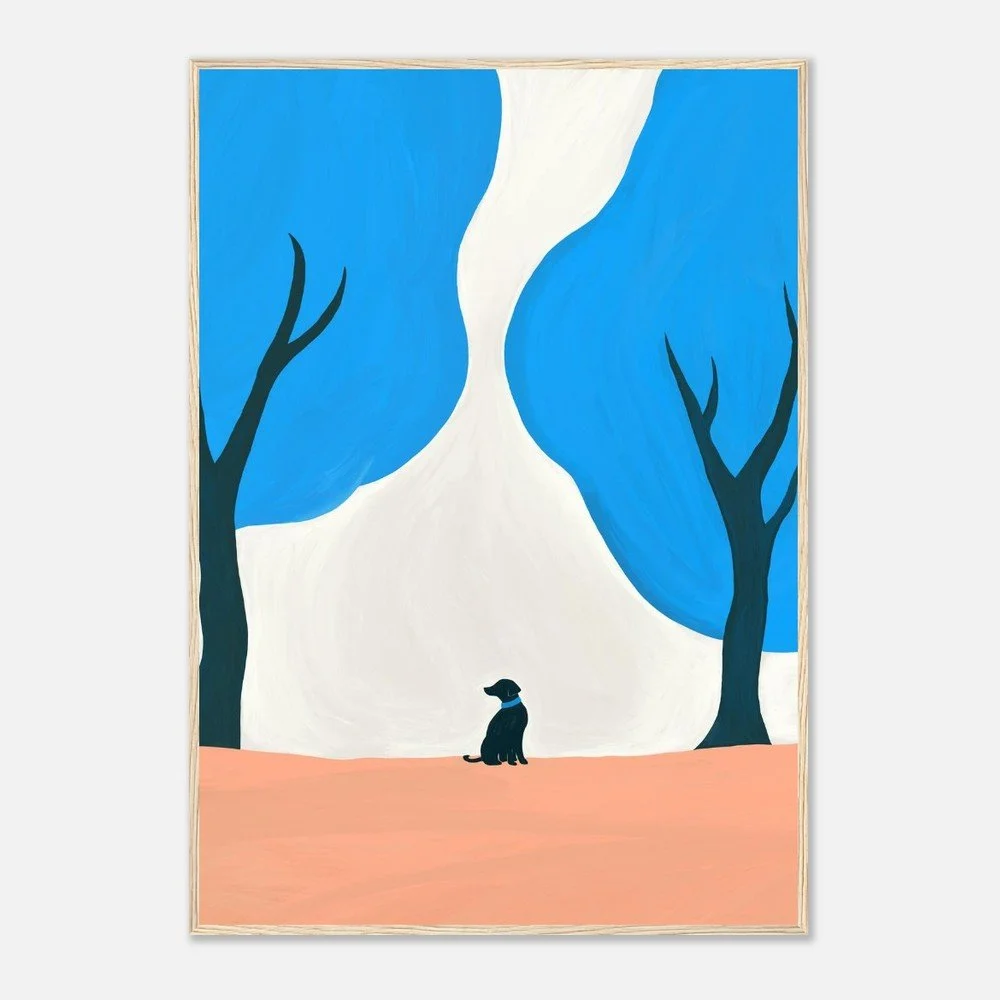 A minimalistic painting depicting a black dog sitting on a pink ground, with large blue trees on either side and a winding white path or river in the background.