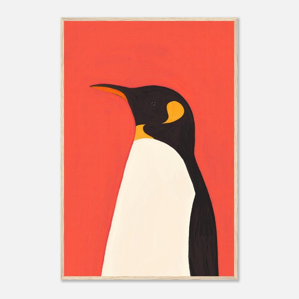 Stylized painting of a penguin against a red background.