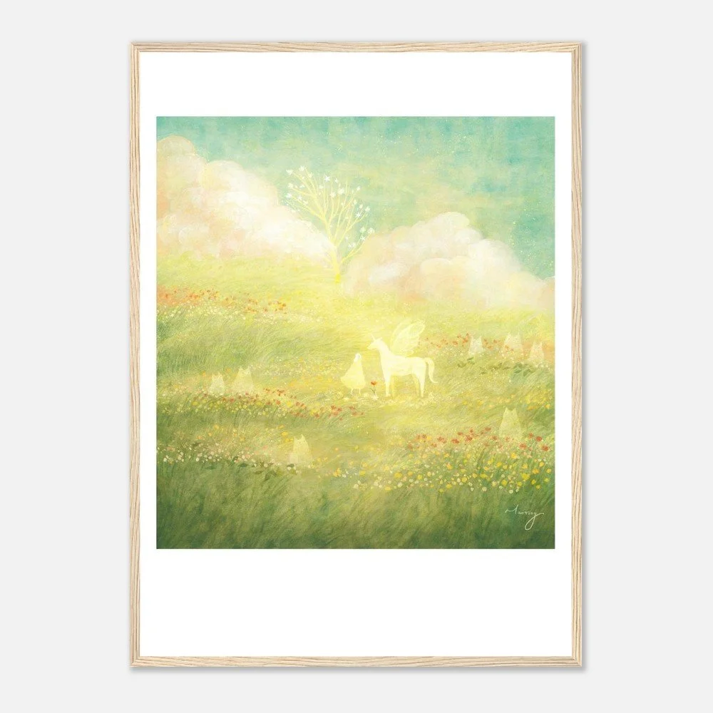 Pastel watercolor painting of a serene landscape with a unicorn and a rainbow, surrounded by clouds, flowers, and trees.